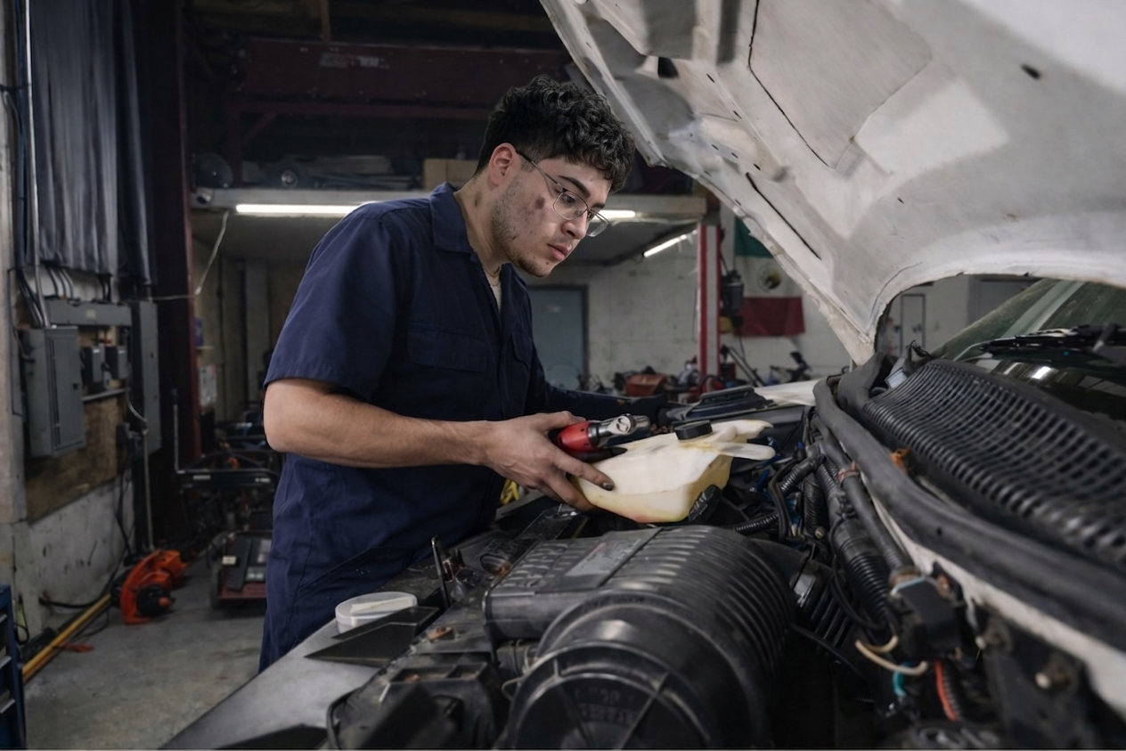 Technician servicing a vehicle under the hood
